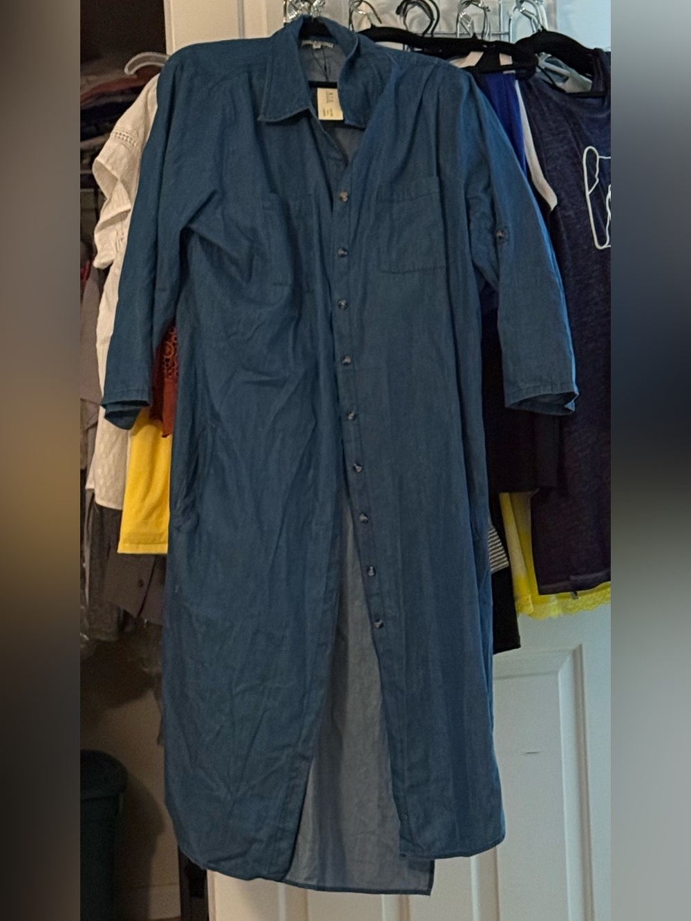 Long Button-Up Denim Shirt Dress - Blue